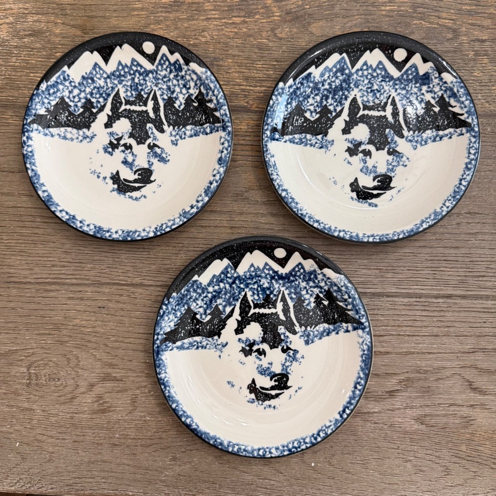 Tienshan Folk Craft Wolf Ceramic Plates Set of 3 Blue Black Salad ~7.75"